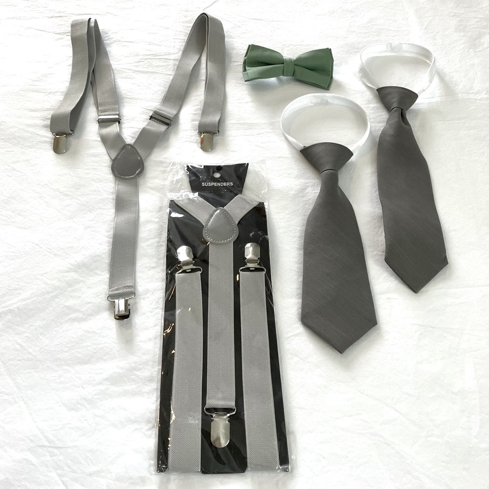 Boys formalwear accessories: 2 gray suspenders & adjustable ties, green bow tie
